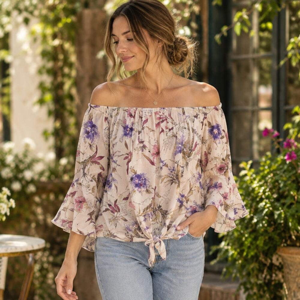 Floral Off Shoulder Blouse S Tie Front Bell Sleeve Boho Cottagecore Made USA